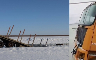 В Якутии под лед провалились два самосвала и тягач