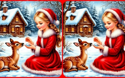 Увлекательный тест на внимательность: снегурочка кормит оленёнка - найдите отличия на картинках