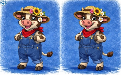 Найдите отличие на картинке: Веселая головоломка с коровкой-фермером