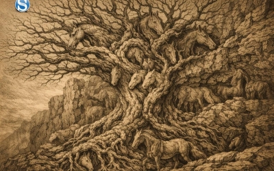 Найди всех лошадей за 10 секунд: головоломка на внимательность со старым деревом и скалами