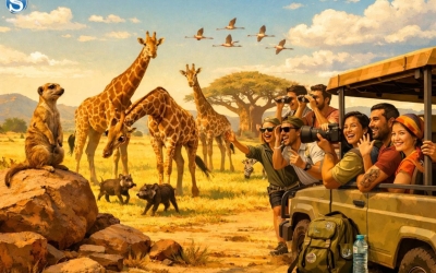 Найди ящерицу за 10 секунд: оптическая иллюзия с туристами на фоне африканской саванны