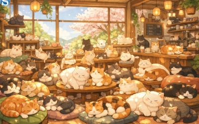 Кошачье кафе: среди пушистых мордочек спрятался щенок. Найдете за 5 секунд?