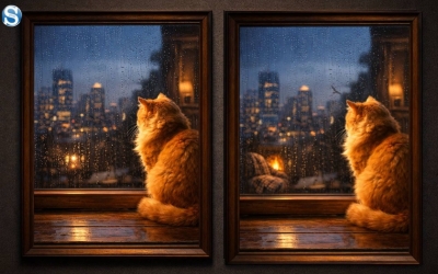 Найди три отличия на картинке: Рыжий кот на подоконнике, дождь и вечерний мегаполис