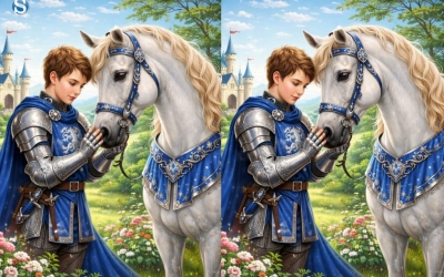 Рыцарский вызов: найдите 3 отличия на картинках с юным рыцарем и лошадью за 10 секунд!