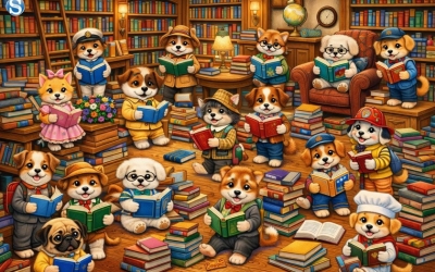 Книжный вечер в библиотеке: найдите яблоко среди собак-книголюбов за 10 секунд!