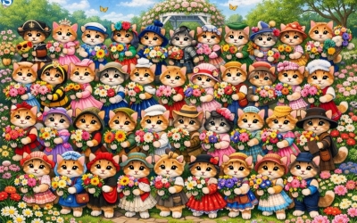 Наконец-то весна! Котики пришли отпраздновать это в парке. Найдите необычную кошечку