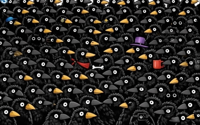 На картинке десятки ворон, но среди них спрятались три кошки. Найдите их за 10 секунд!