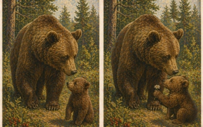 Тест на внимательность: найдите три отличия на картинке с медвежонком и мамой