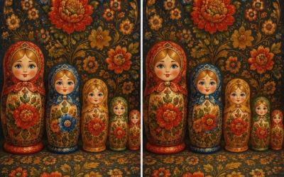 Сложный тест на внимательность: коллекция матрёшек. Найдите 3 отличия за 5 секунд!