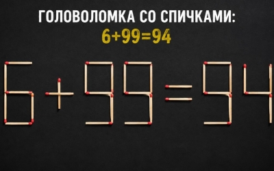 Ответ на спичечную головоломку: как исправить равенство 6 + 99 = 94, переставив одну спичку