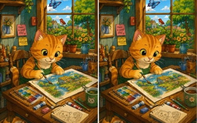 Кот-художник и три отличия — сможете найти за 10 секунд?