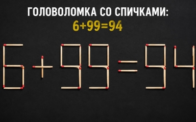 Спичечная головоломка: исправите равенство 6 + 99 = 94