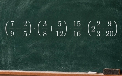 Ответ на пример из дроби: (7/9 − 2/5) · (3/8 + 5/12) · 15/16 · (2 2/3 · 9/20) = ?